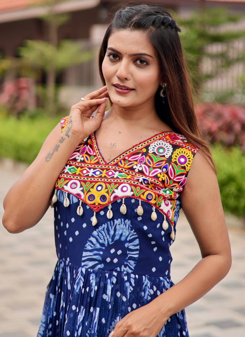 Bandhani Print Georgette Blue Ruffle Style Gamthi Work Gown For Garba