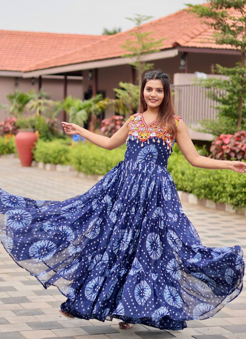 Bandhani Print Georgette Blue Ruffle Style Gamthi Work Gown For Garba