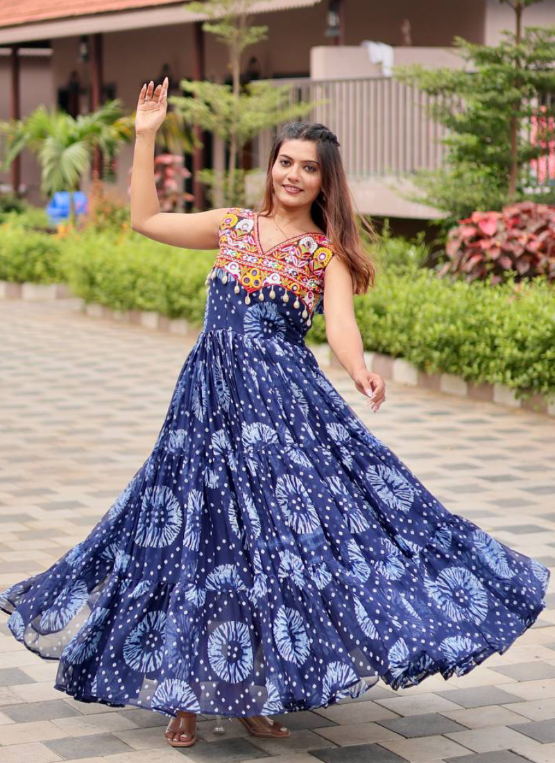 Bandhani Print Georgette Blue Ruffle Style Gamthi Work Gown For Garba