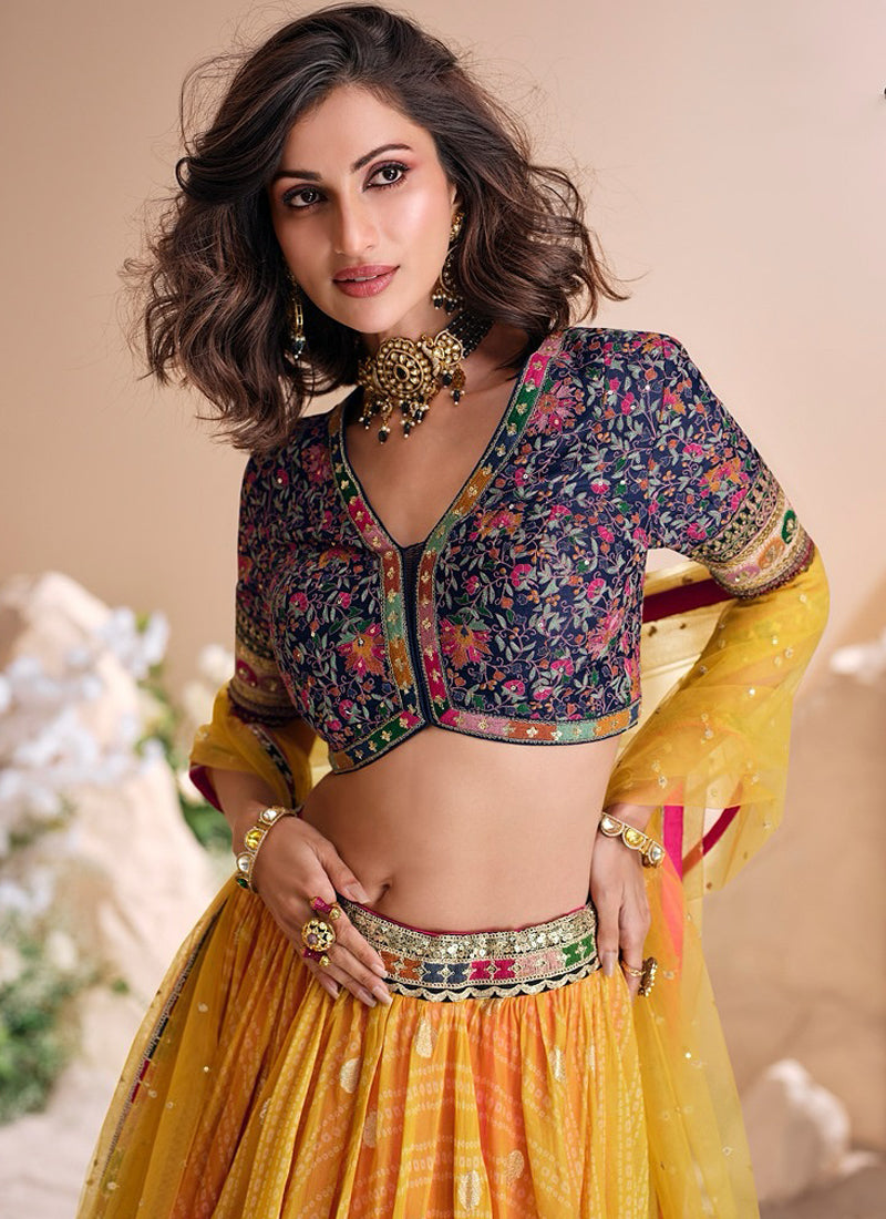 Bandhani Printed Shaded Jacquard Silk Zari Work Lehenga Choli
