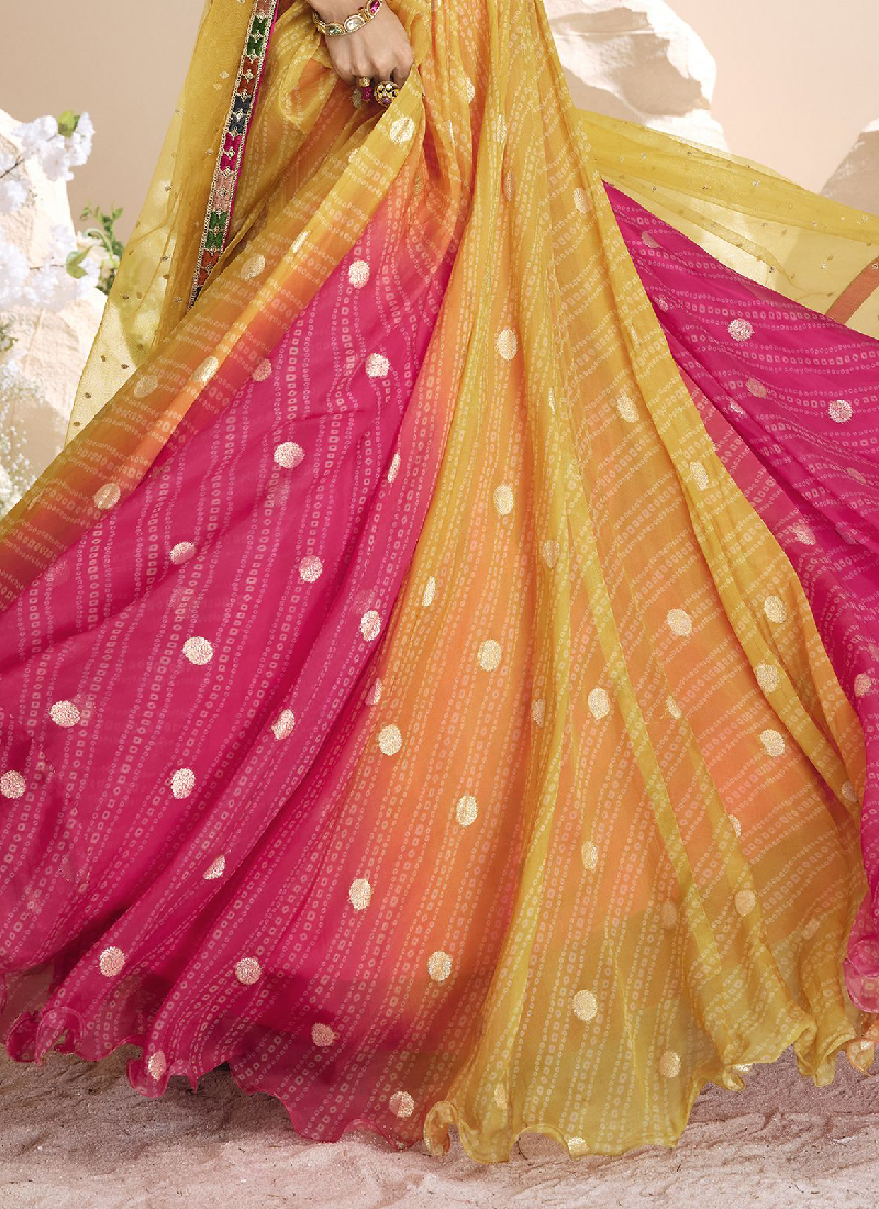 Bandhani Printed Shaded Jacquard Silk Zari Work Lehenga Choli
