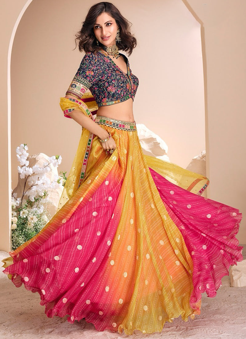 Bandhani Printed Shaded Jacquard Silk Zari Work Lehenga Choli