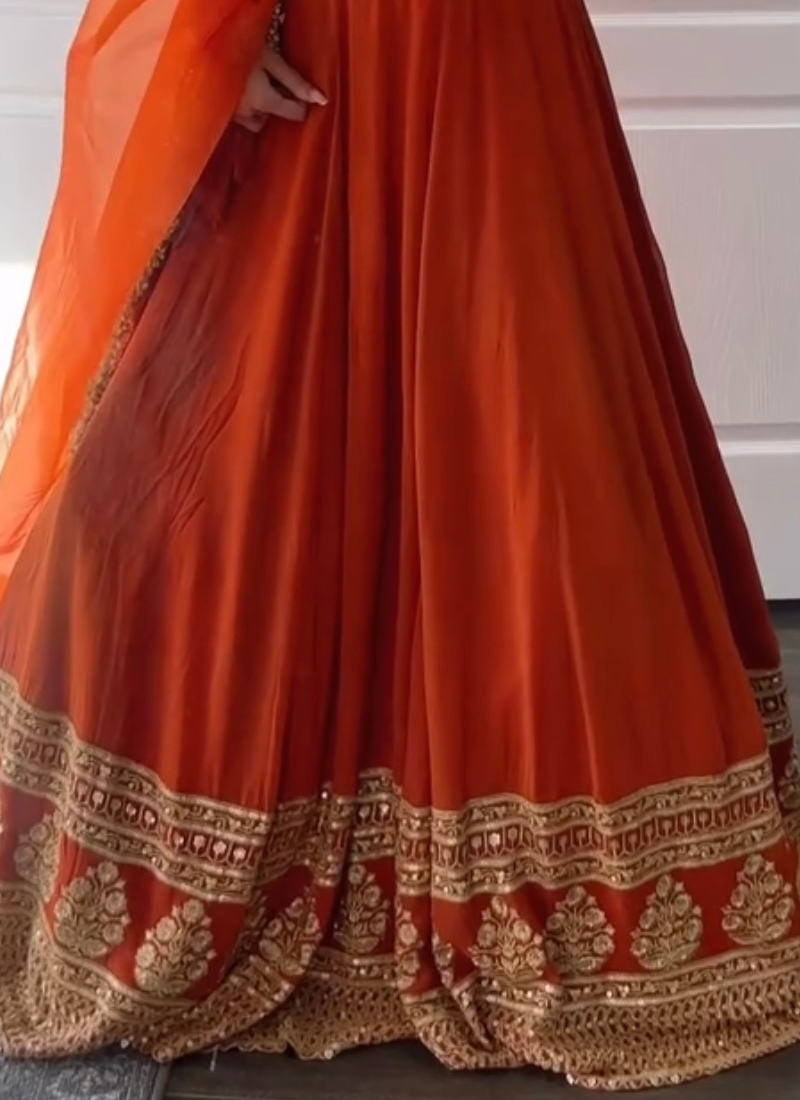 Beautiful Zari Embroidered Georgette Bridesmaids Orange Lehenga Choli