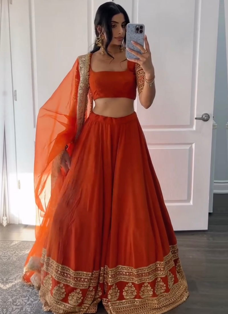 Beautiful Zari Embroidered Georgette Bridesmaids Orange Lehenga Choli