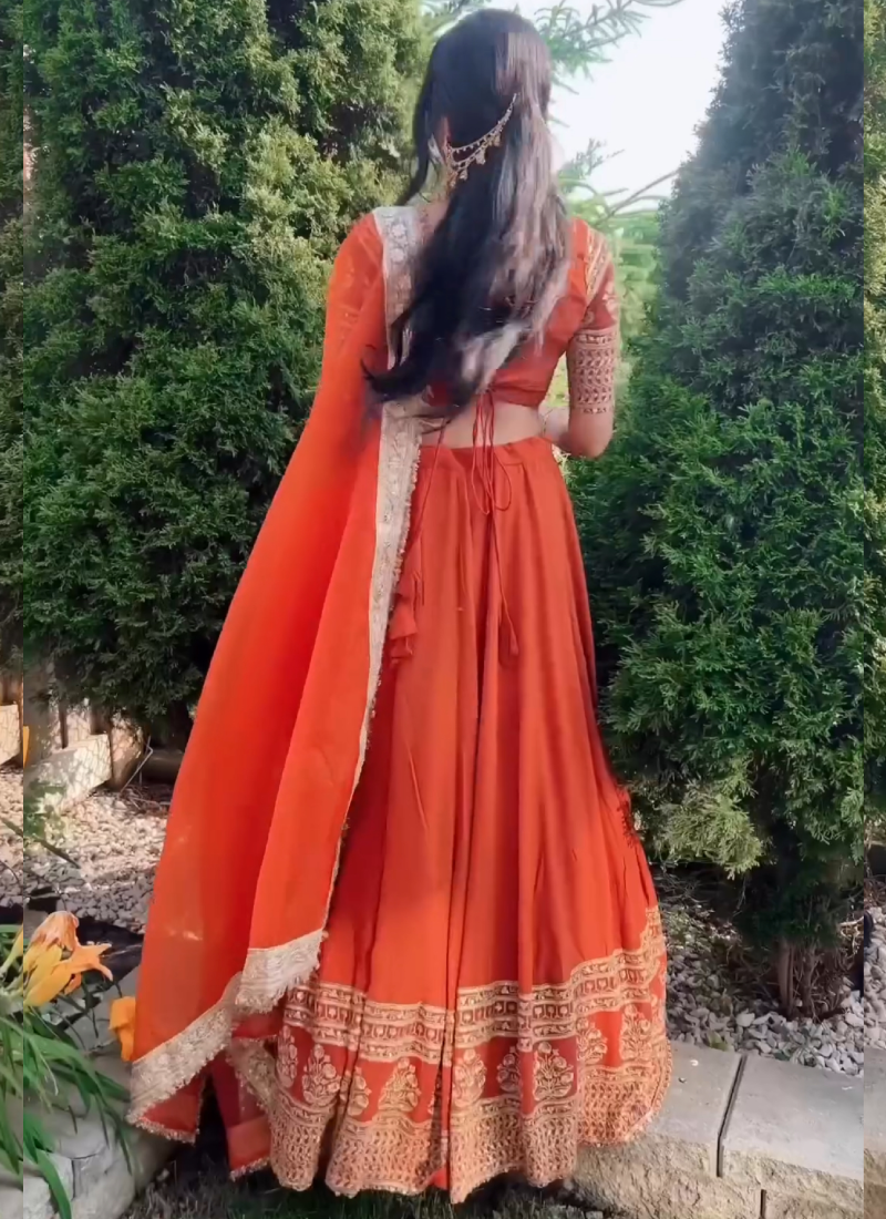 Beautiful Zari Embroidered Georgette Bridesmaids Orange Lehenga Choli