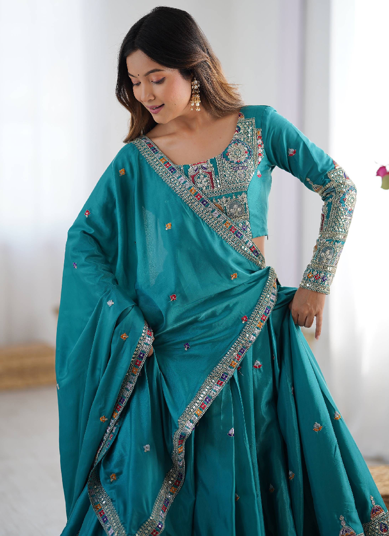 Ceremonial Wear Embroidered Silk Lehenga Choli In Rama Green Color