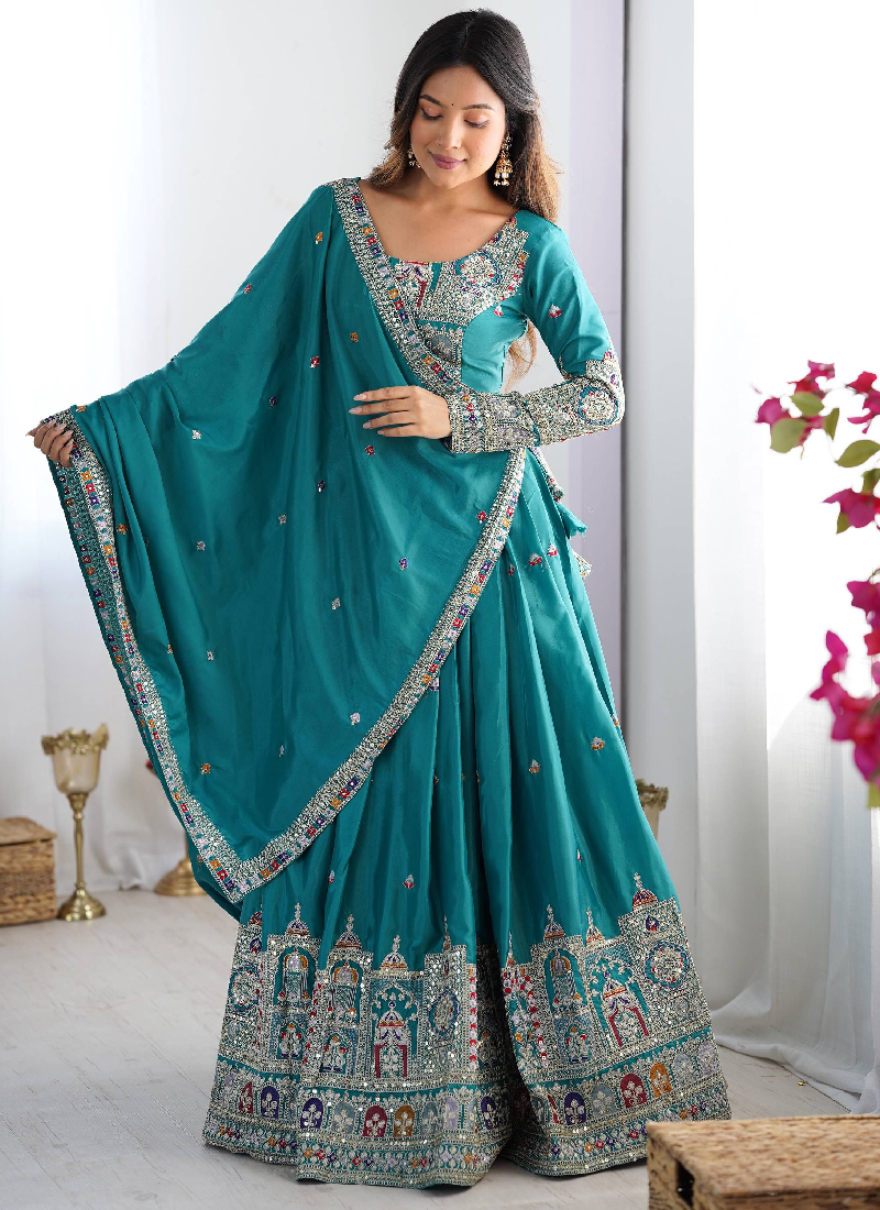 Ceremonial Wear Embroidered Silk Lehenga Choli In Rama Green Color