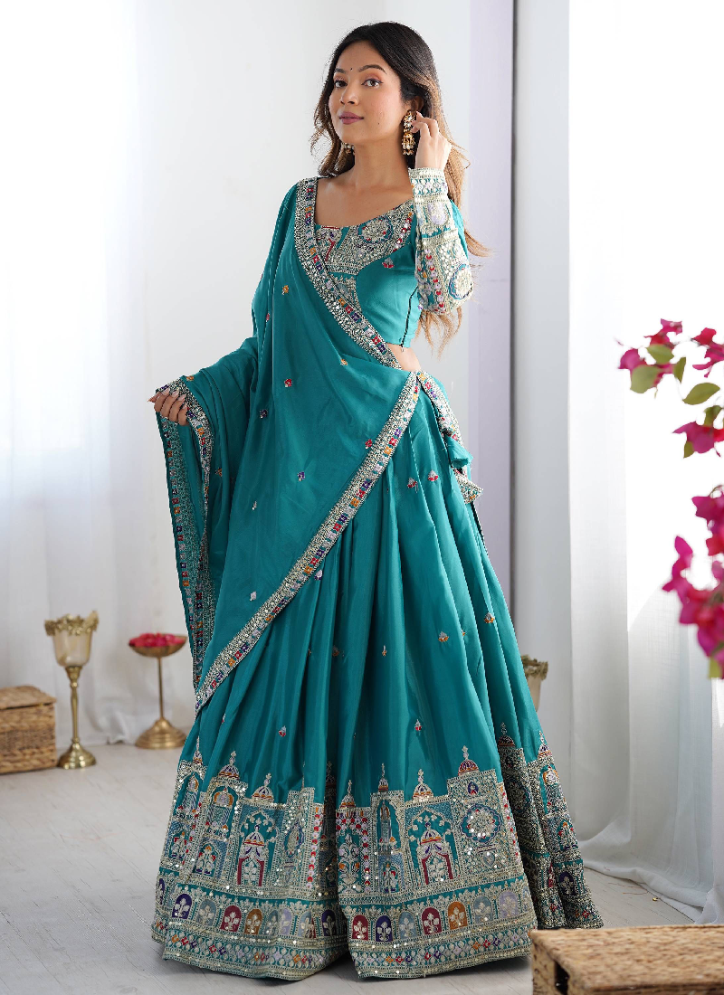 Ceremonial Wear Embroidered Silk Lehenga Choli In Rama Green Color