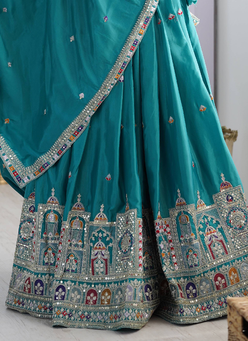 Ceremonial Wear Embroidered Silk Lehenga Choli In Rama Green Color
