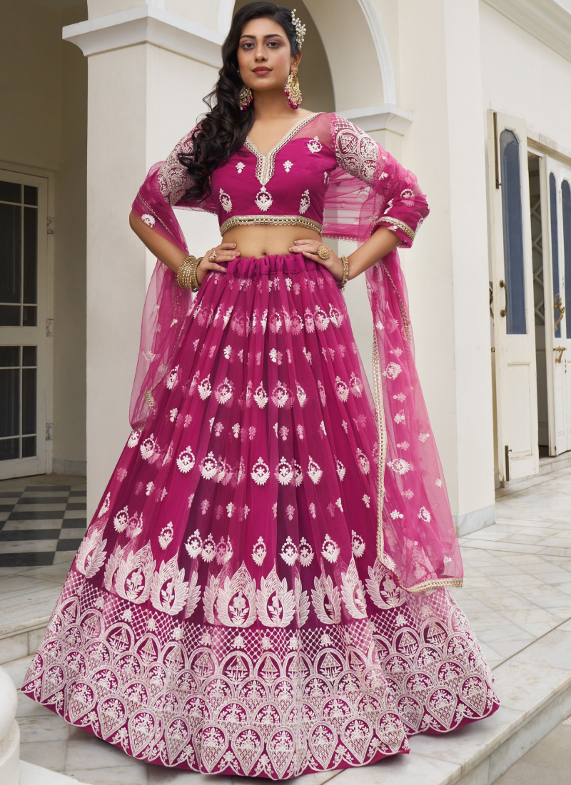 Charismatic Net Thread Embroidery Work Dark Pink Lehenga Choli