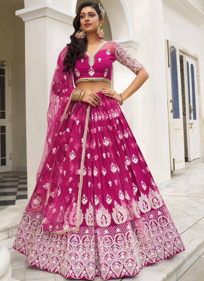 Charismatic Net Thread Embroidery Work Dark Pink Lehenga Choli