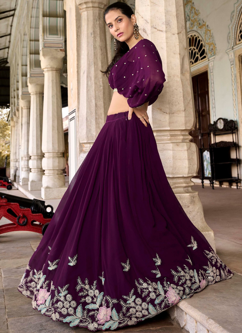 Designer Georgette Thread Embroidered Work Wine Crop Top Lehenga