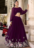 Designer Georgette Thread Embroidered Work Wine Crop Top Lehenga