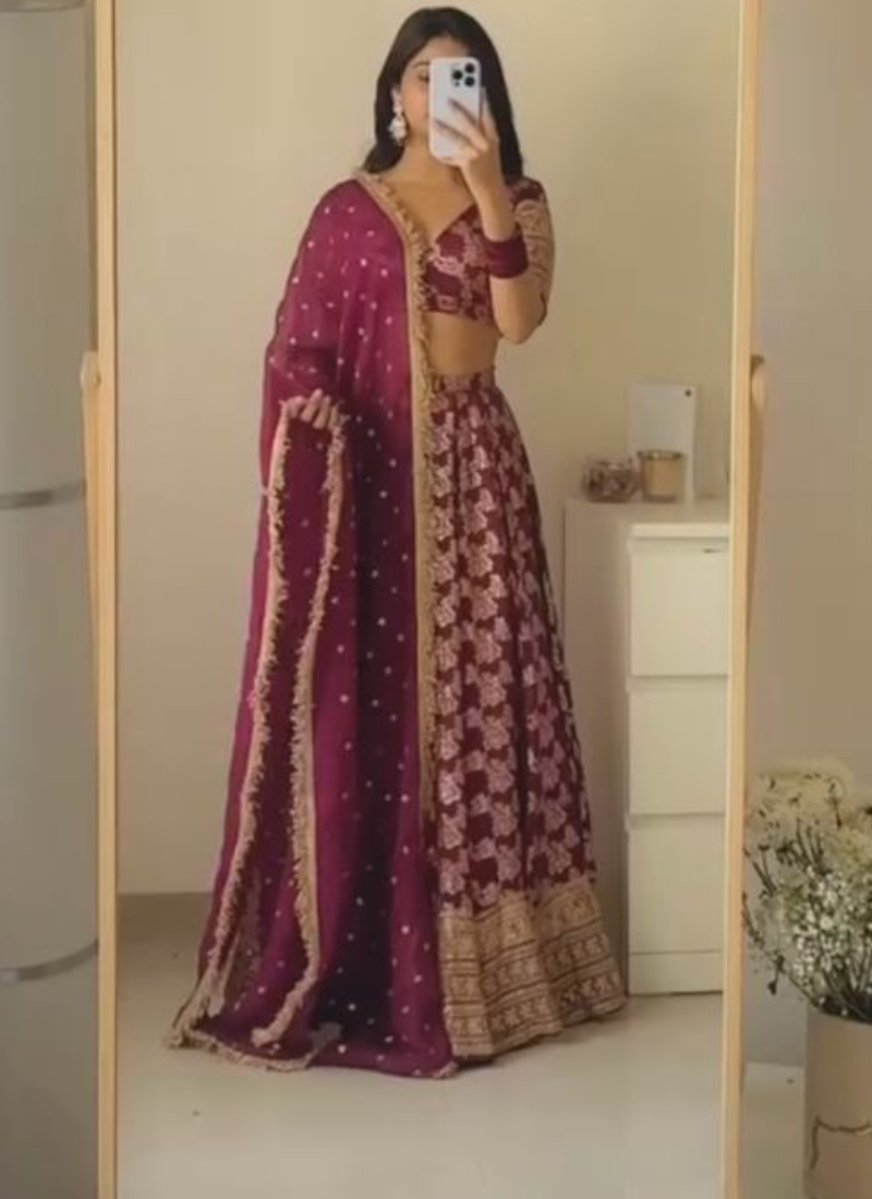 Designer Jacquard Zari Embroidered Pink Lehenga Choli With Dupatta