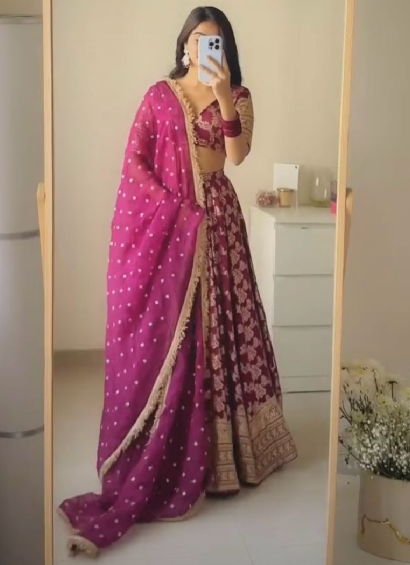 Designer Jacquard Zari Embroidered Pink Lehenga Choli With Dupatta