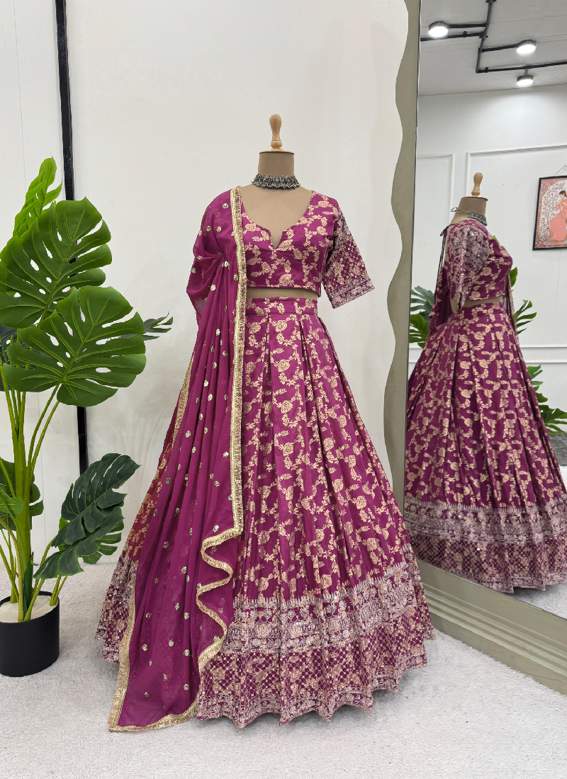 Designer Jacquard Zari Embroidered Pink Lehenga Choli With Dupatta