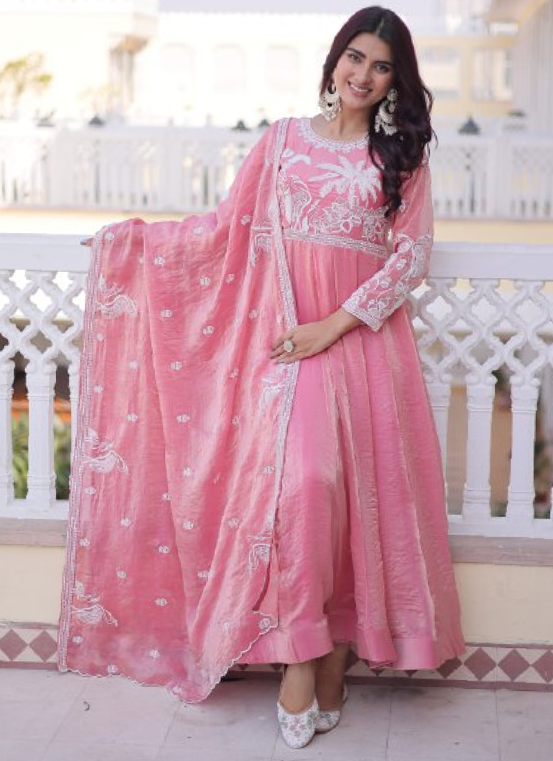 Designer Light Pink Zari Embroidered Fendi Silk Gown With Dupatta Set –  tapee.in