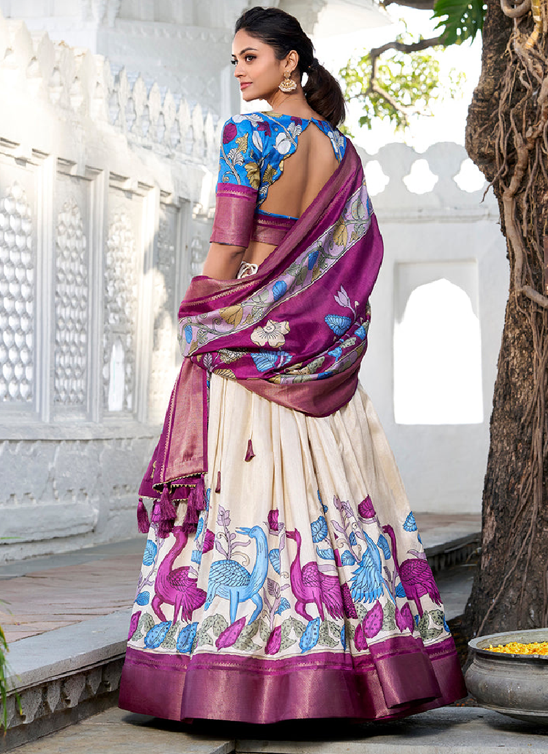 Dola Silk Kalamkari Printed Off White Lehenga Choli With Dupatta