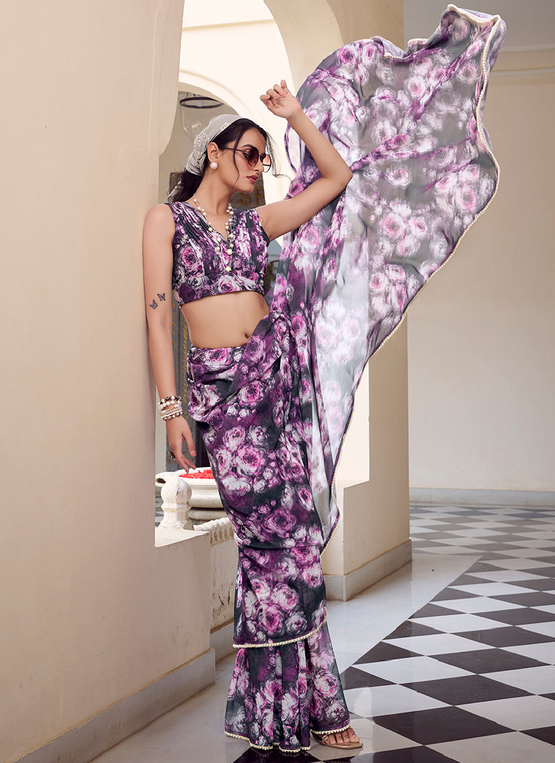 Fascinating Georgette Floral Printed Grey Cocktail Wear Saree