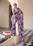 Fascinating Georgette Floral Printed Grey Cocktail Wear Saree