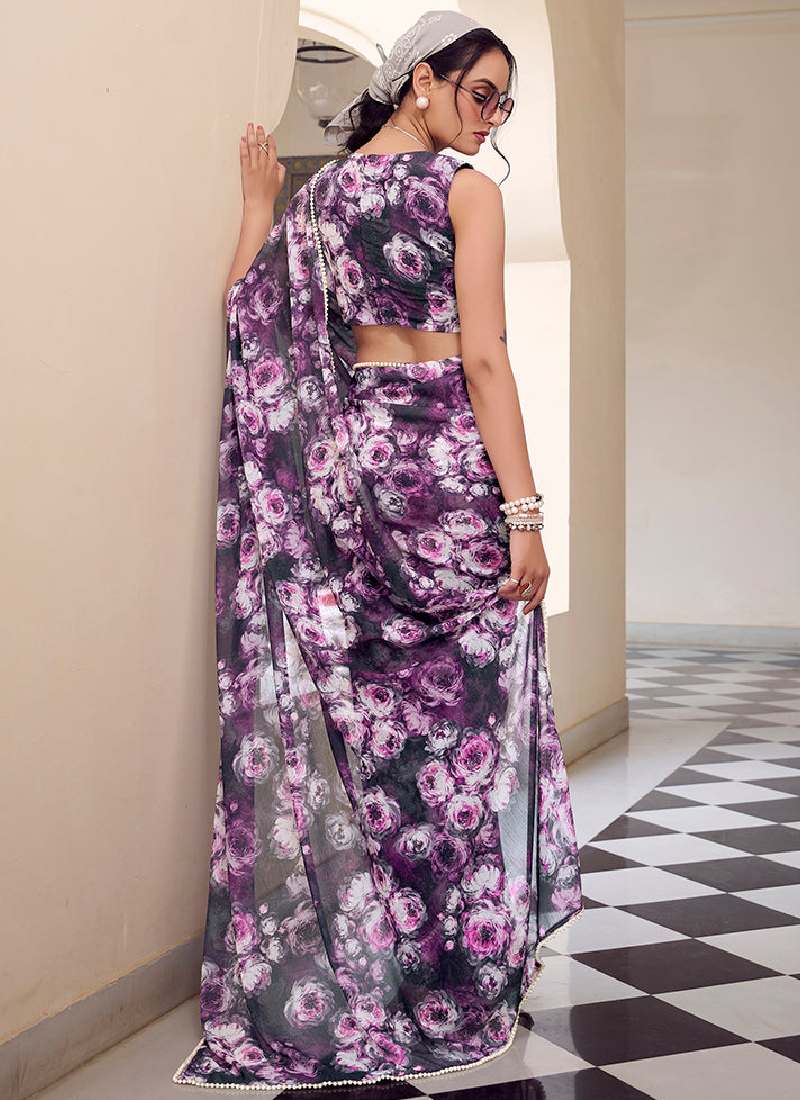 Fascinating Georgette Floral Printed Grey Cocktail Wear Saree