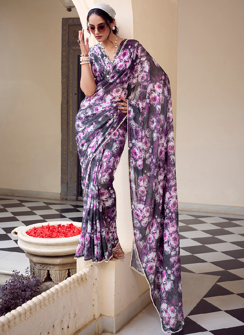 Fascinating Georgette Floral Printed Grey Cocktail Wear Saree