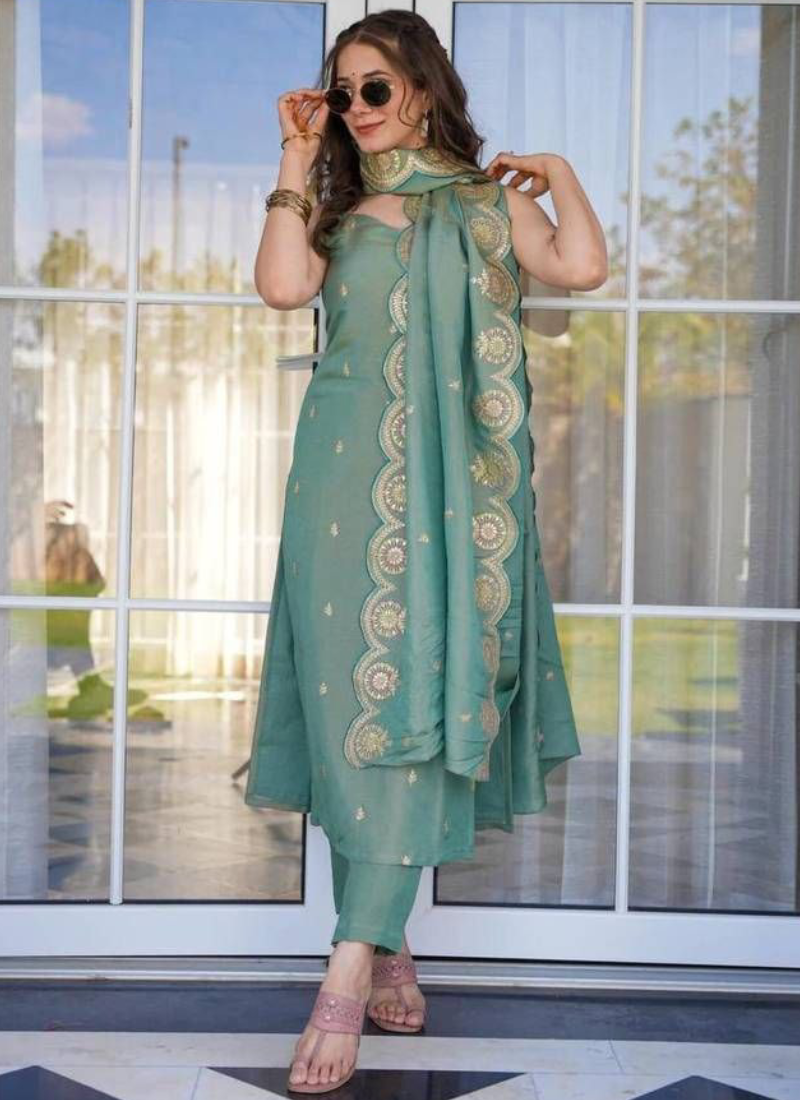 Fascinating Sequence Embroidery Viscose Pista Green Kurti With Pant