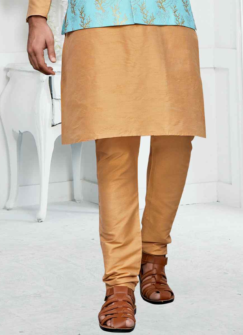 Festival Special Cream Pure Art Silk Kurta With Sky Blue Koti