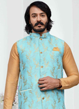 Festival Special Cream Pure Art Silk Kurta With Sky Blue Koti