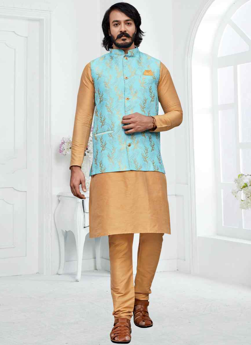 Festival Special Cream Pure Art Silk Kurta With Sky Blue Koti