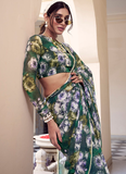 Floral Printed Georgette Mehndi Special Green Saree With Blouse