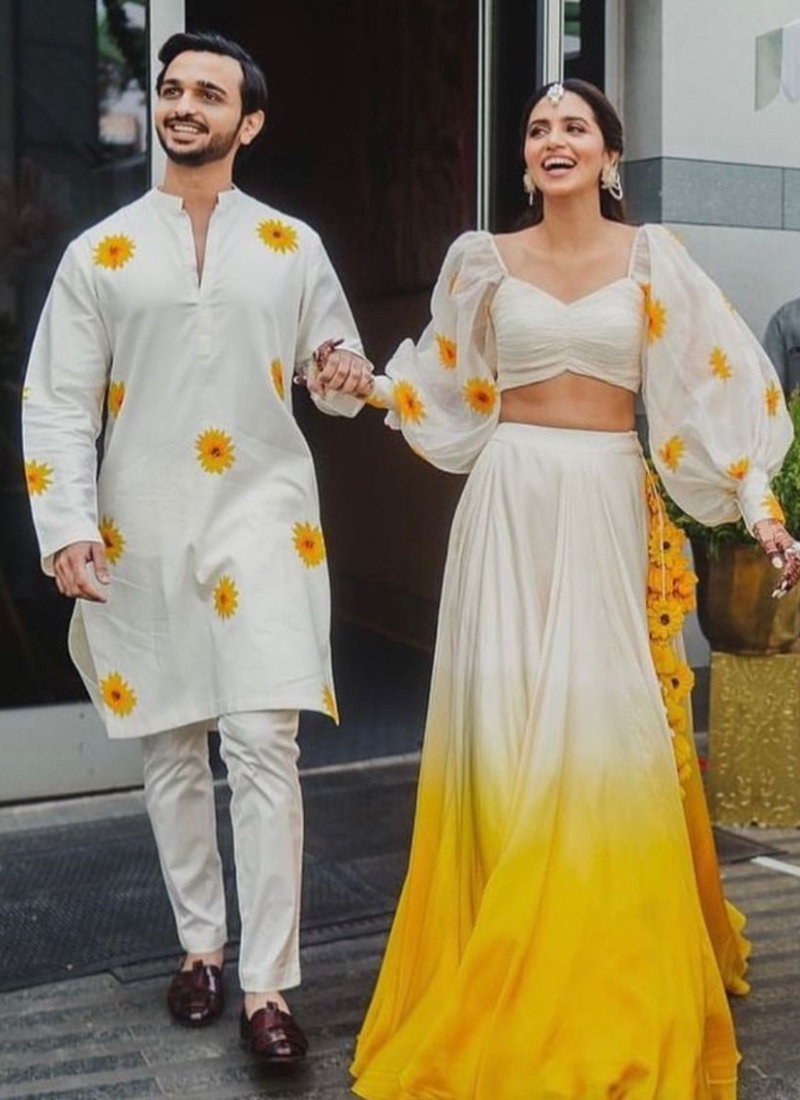 Floral Printed Georgette White Haldi Special Mens Kurta