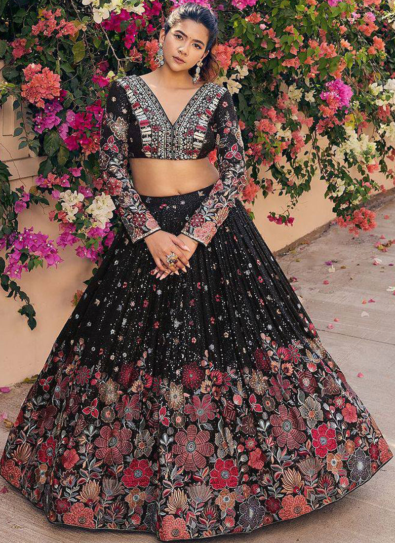 Floral Thread Embroidered Georgette Black Party Wear Lehenga Choli