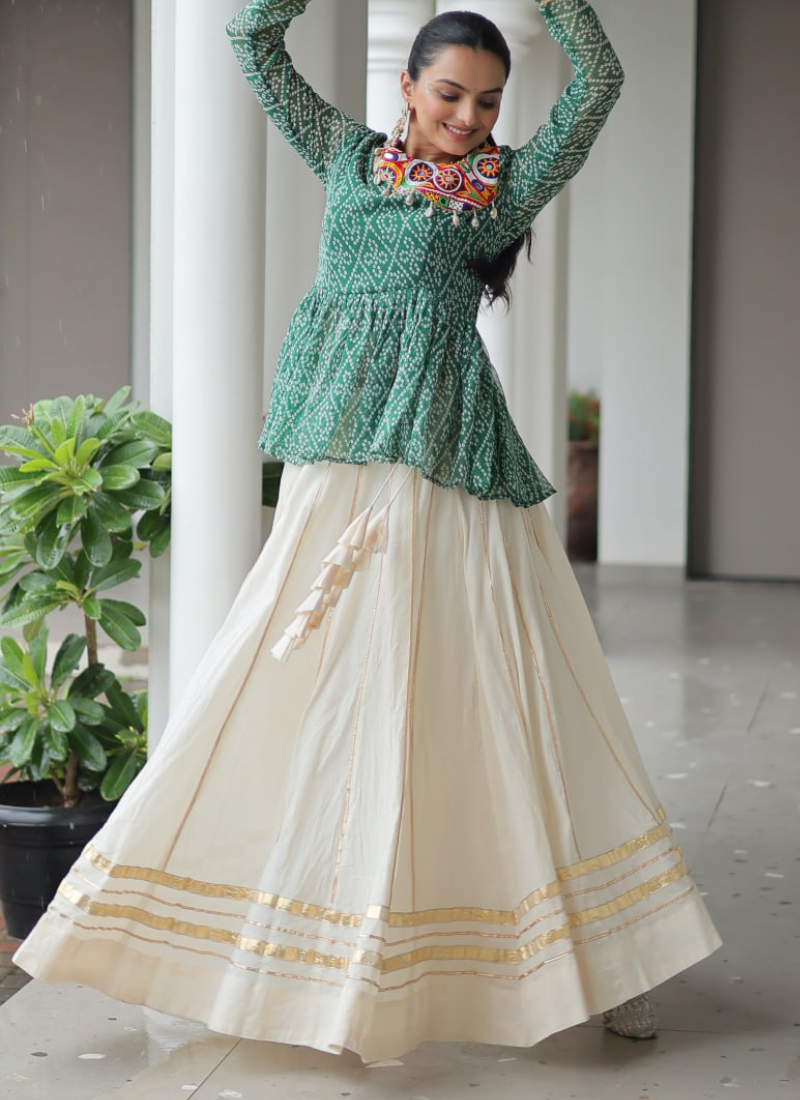 Gamthi Work Printed Green Kediya Top With Cotton Off White Lehenga