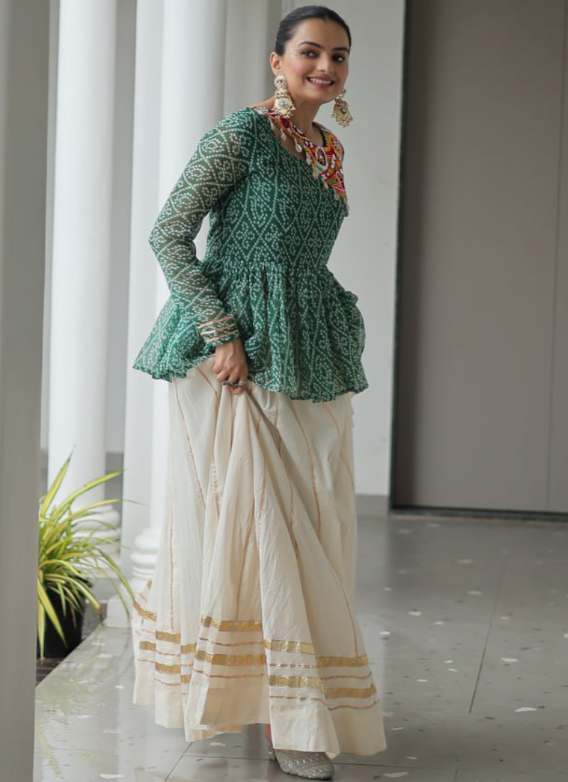 Gamthi Work Printed Green Kediya Top With Cotton Off White Lehenga