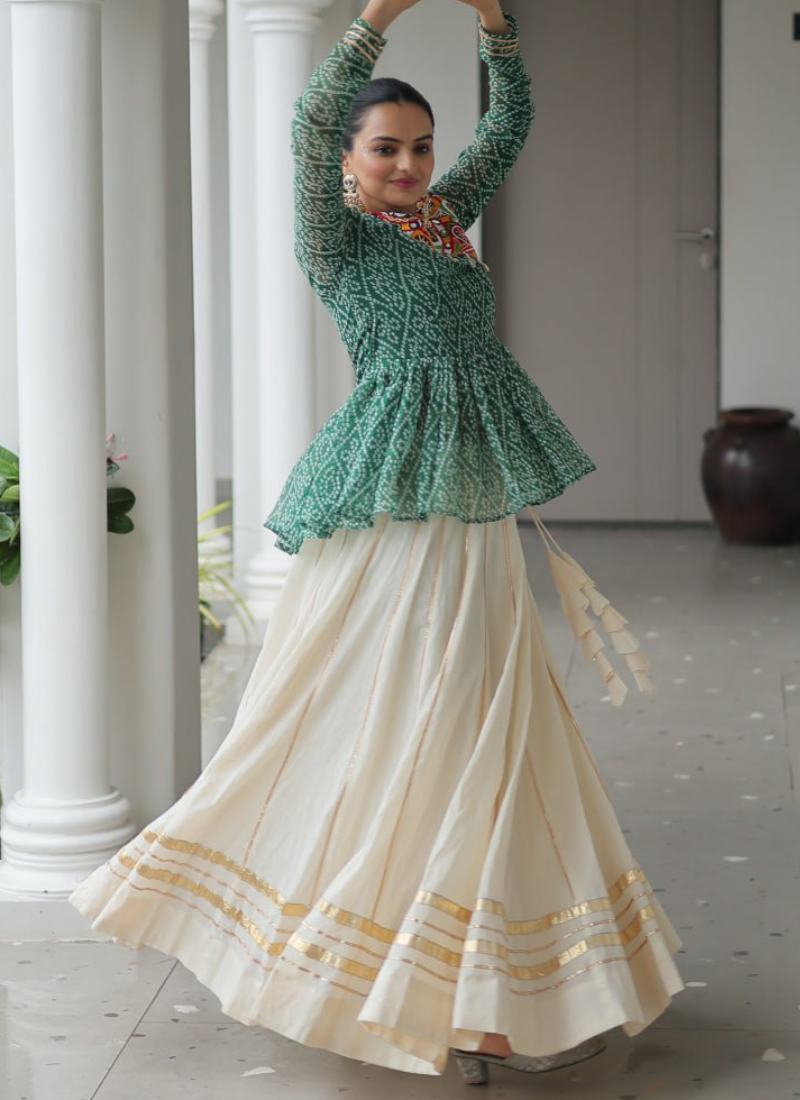 Gamthi Work Printed Green Kediya Top With Cotton Off White Lehenga