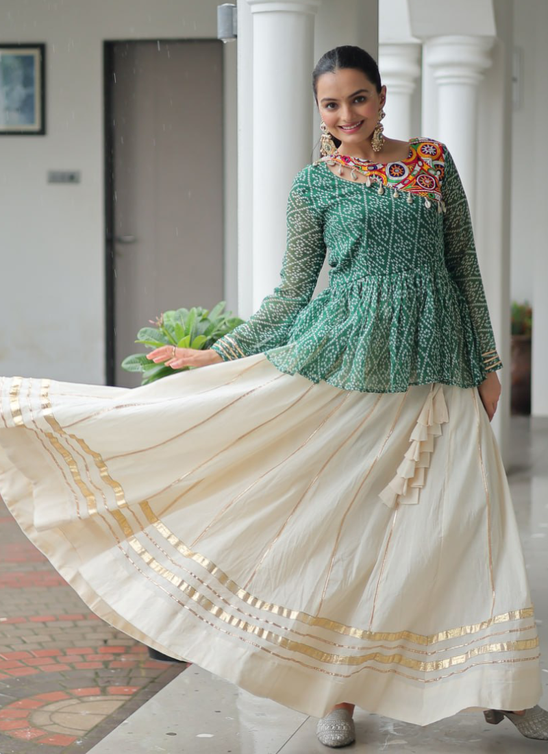 Gamthi Work Printed Green Kediya Top With Cotton Off White Lehenga