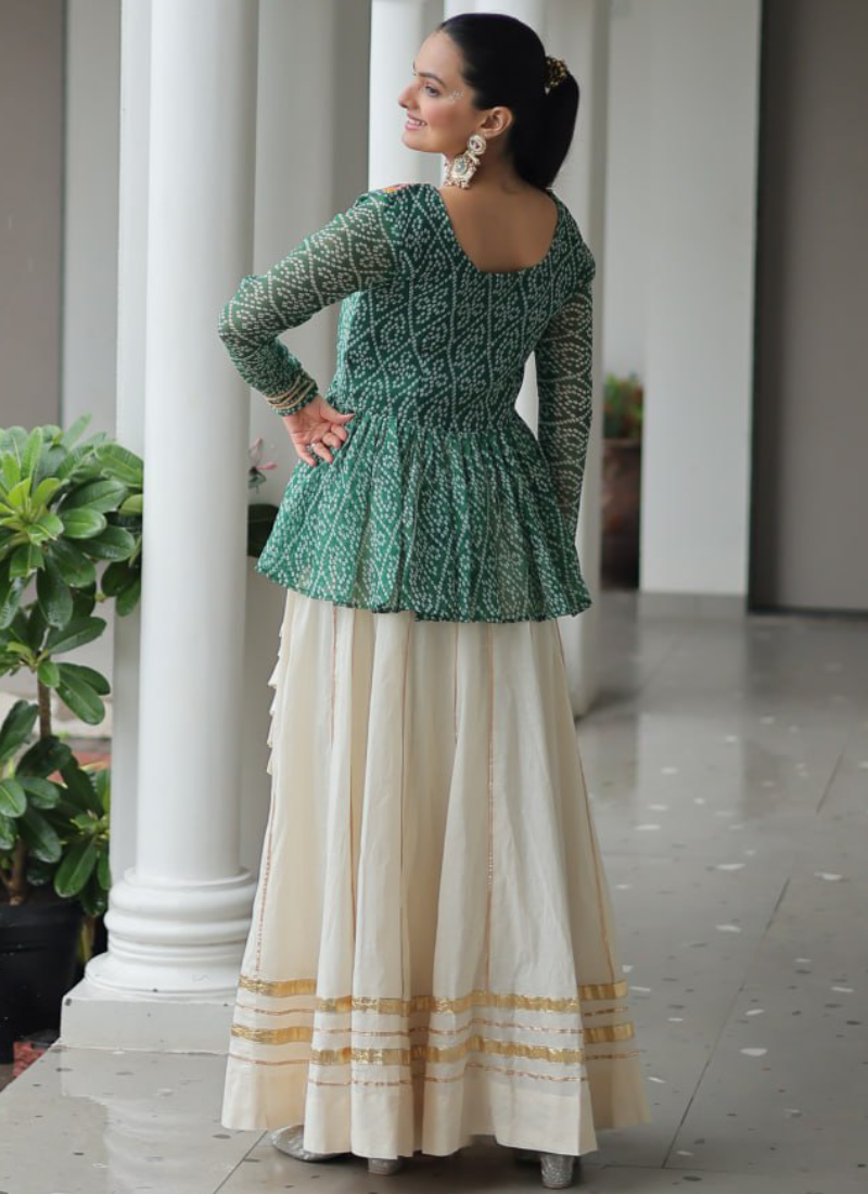 Gamthi Work Printed Green Kediya Top With Cotton Off White Lehenga