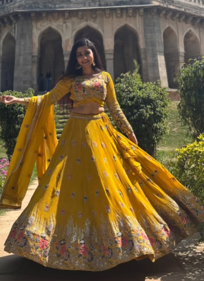 Georgette Floral Embroidery Work Yellow Haldi Special Lehenga Choli