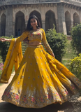 Georgette Floral Embroidery Work Yellow Haldi Special Lehenga Choli