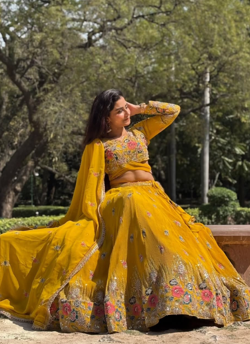 Georgette Floral Embroidery Work Yellow Haldi Special Lehenga Choli