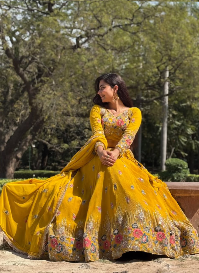 Georgette Floral Embroidery Work Yellow Haldi Special Lehenga Choli