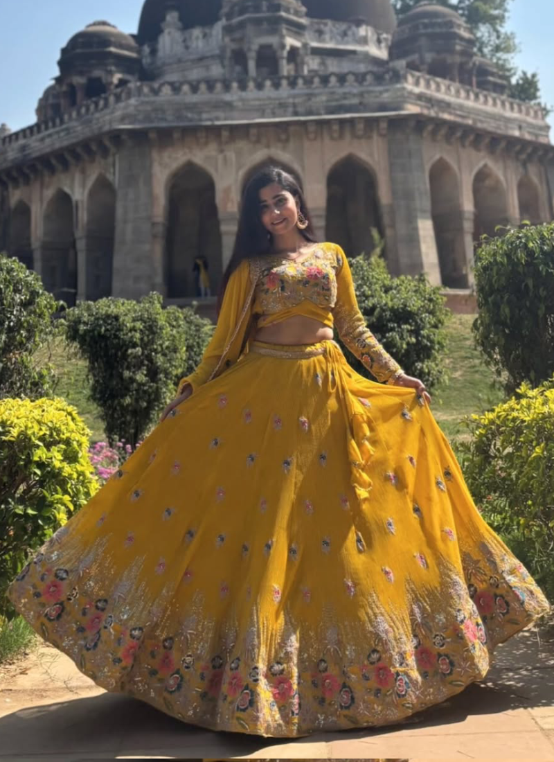 Georgette Floral Embroidery Work Yellow Haldi Special Lehenga Choli
