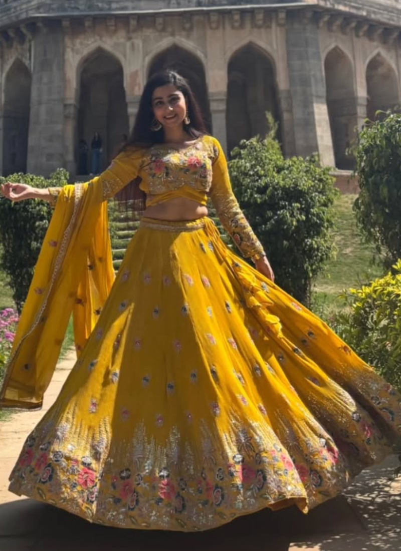 Georgette Floral Embroidery Work Yellow Haldi Special Lehenga Choli