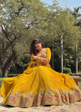 Georgette Floral Embroidery Work Yellow Haldi Special Lehenga Choli