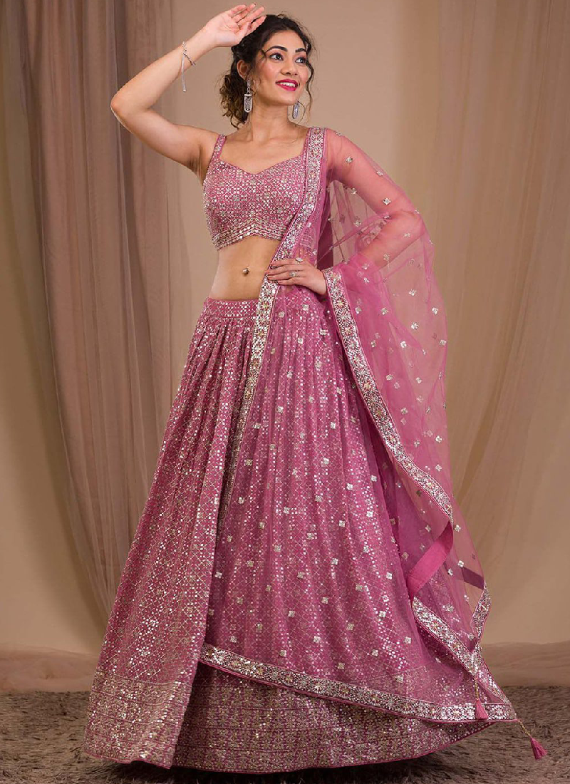 Georgette Sequence Embroidered Pink Wedding Wear Lehenga Choli