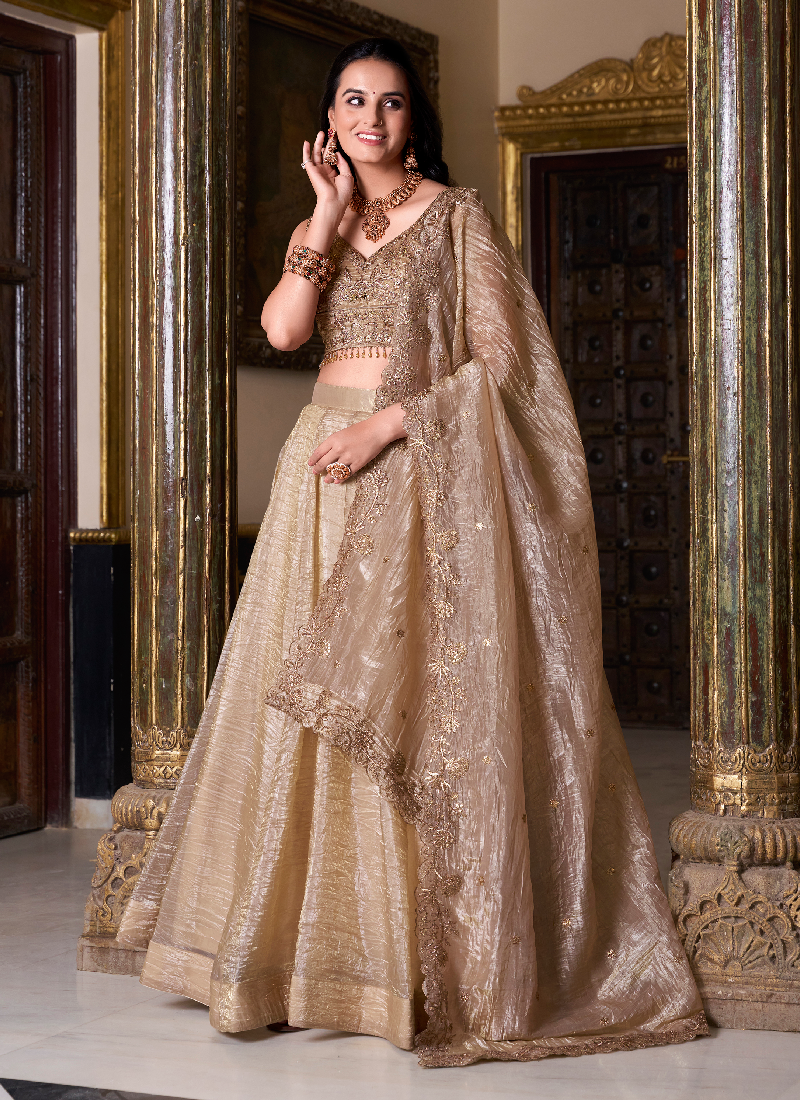 Golden Color Plain Silk Lehenga With Zari Embroidered Work Blouse