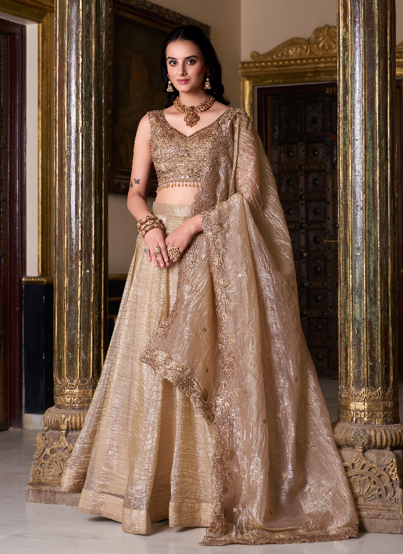 Golden Color Plain Silk Lehenga With Zari Embroidered Work Blouse