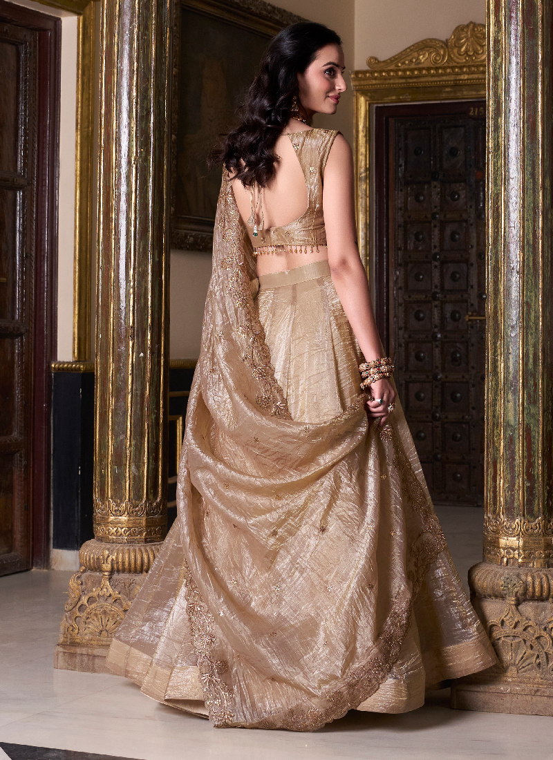 Golden Color Plain Silk Lehenga With Zari Embroidered Work Blouse