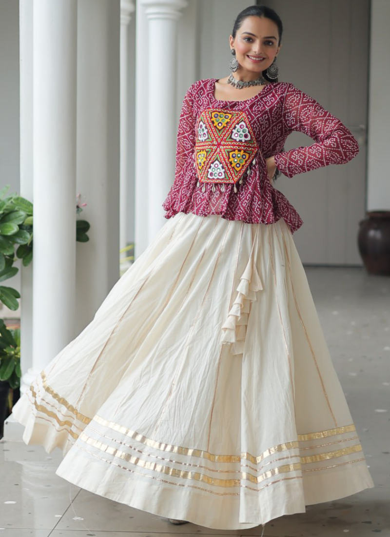 Gota Patti Work Beige Lehenga With Bandhani Printed Maroon Kediya